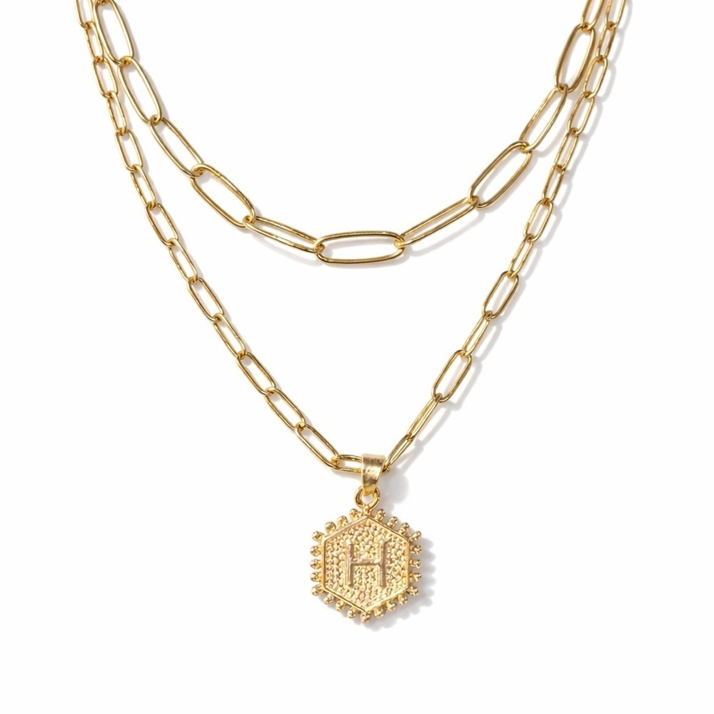 Gold Layered H Initial Necklace 14K Gold Plated Paperclip Chain Coin Pendant